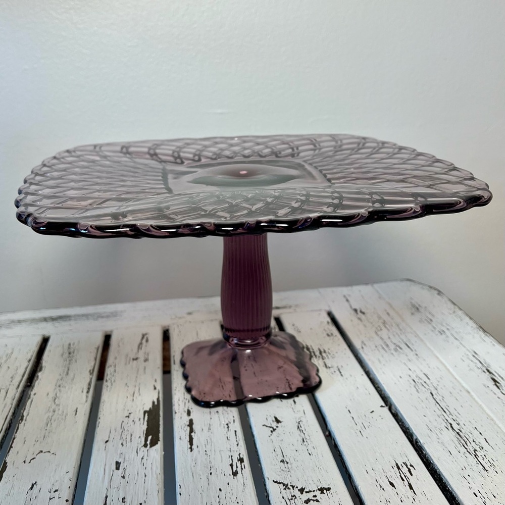 Vintage LE Smith Trellis Lavender Purple Square Pedestal Cake Plate Stand - Picture 12 of 15